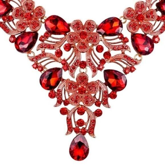 Yellow Gold and Ruby Red Austrian Crystal Floral Necklace and Earrings Set - Picture 3 of 6